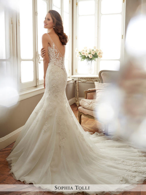 Sophia Tolli sleeveless misty tulle mermaid with slender illusion shoulder straps wedding gown